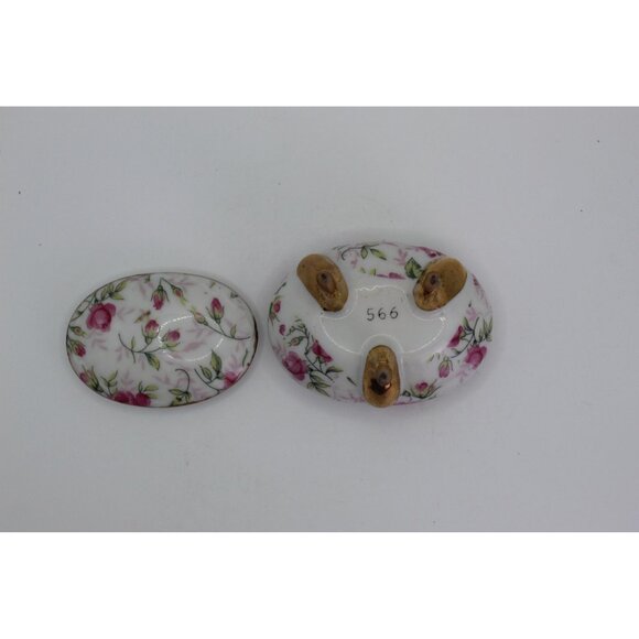 Vintage Floral Porcelain Footed Trinket Box With Lid & Gold Accents - Picture 7 of 9